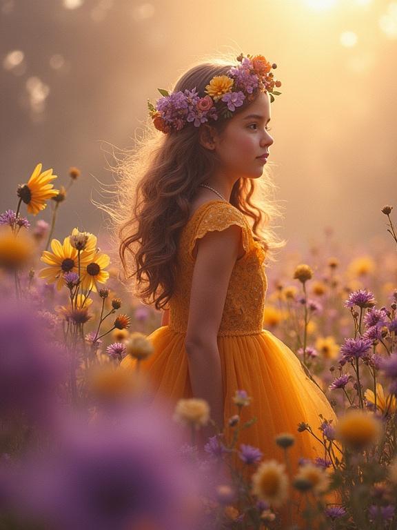 A young girl with long curly hair wearing a yellow dress and a floral crown stands in a vibrant field of flowers during sunset. Soft sunlight creates a dreamy atmosphere.