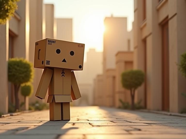 A cardboard man stands in a city made of cardboard. The streets are lined with buildings also made of cardboard. Soft sunlight casts a warm glow over the scene. The image evokes creativity and playfulness.