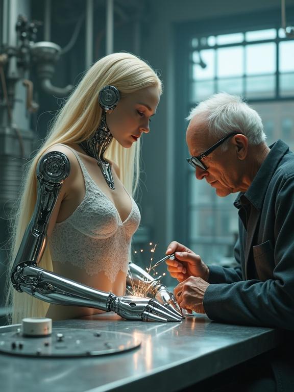 A hyper-realistic cinematic scene in a high-tech cybernetic laboratory. An android with long blonde hair and porcelain skin on a steel table. Wearing a delicate silver-gray lace dress. Exposed mechanical arm with shiny chrome details. An elderly technician repairs her sternum with precision tools. Sparks fly from contact. Background filled with futuristic machinery and soft ambient light.
