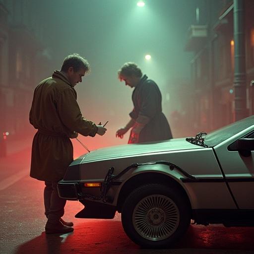 Marty McFly and Doc Brown observe the Founding Fathers signing the Declaration of Independence on the hood of their Delorean. atmosphere depicts a retro cinematic style with muted colors and a sense of foreboding.