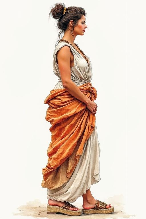 Watercolor painting features an ancient Roman woman. Hair tied up elegantly. Wears a flowing white dress with orange draping. Stylish 5-inch high heeled espadrilles platform wedges.