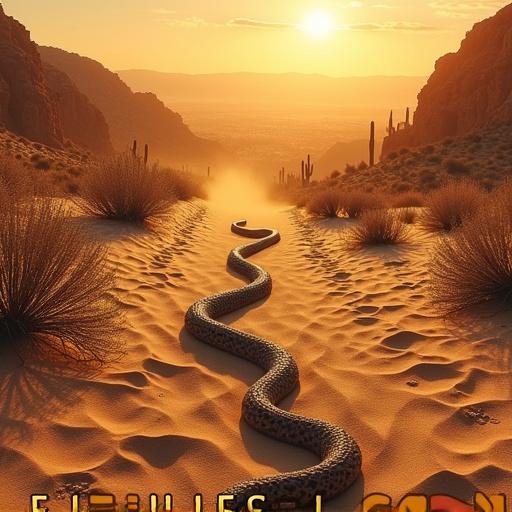 Wide shot of rugged desert landscape in American Southwest with sandy dunes and cacti. Distant Mexican horizon under blazing sun. Sidewinder slithering in foreground, leaving S-shaped tracks. Bold gold text overlay saying Desert Viper with map icon. Rocky mesa and shimmering heat haze in background. Subtle dust swirls around snake enhancing motion. Color palette includes gold, brown, red creating harsh mood. Image resembles nature documentary still with crisp details and dynamic composition showcasing snake’s habitat.