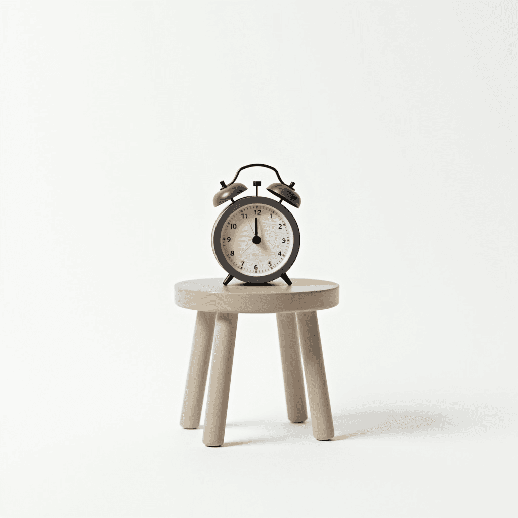 A classic alarm clock sits atop a minimalist wooden stool against a plain white background, highlighting elegance and simplicity.