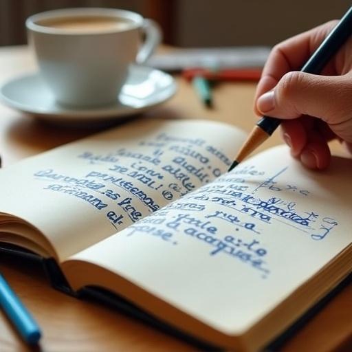 Handwritten note on lined paper. Blue or black pen with legible messy handwriting. Spanish text expresses a personal story about learning English. Note set on a simple kitchen table. Background includes a coffee cup, an open notebook, crayons or pencils, and a partially visible hand. Natural light creates a warm and realistic environment.