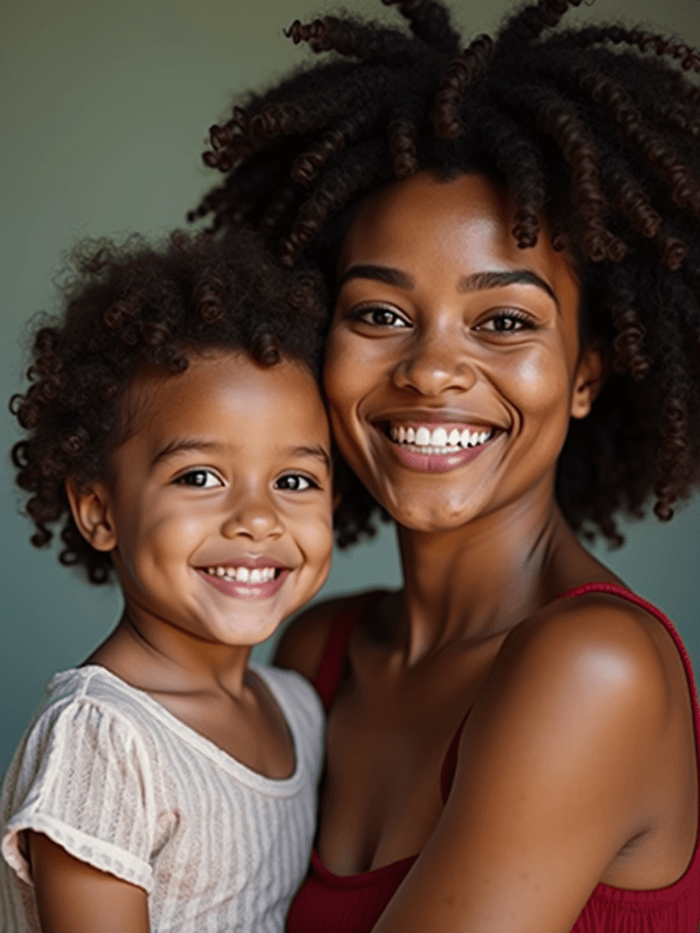 A mother and child share a joyful embrace with bright smiles, showcasing their close bond and natural curls.