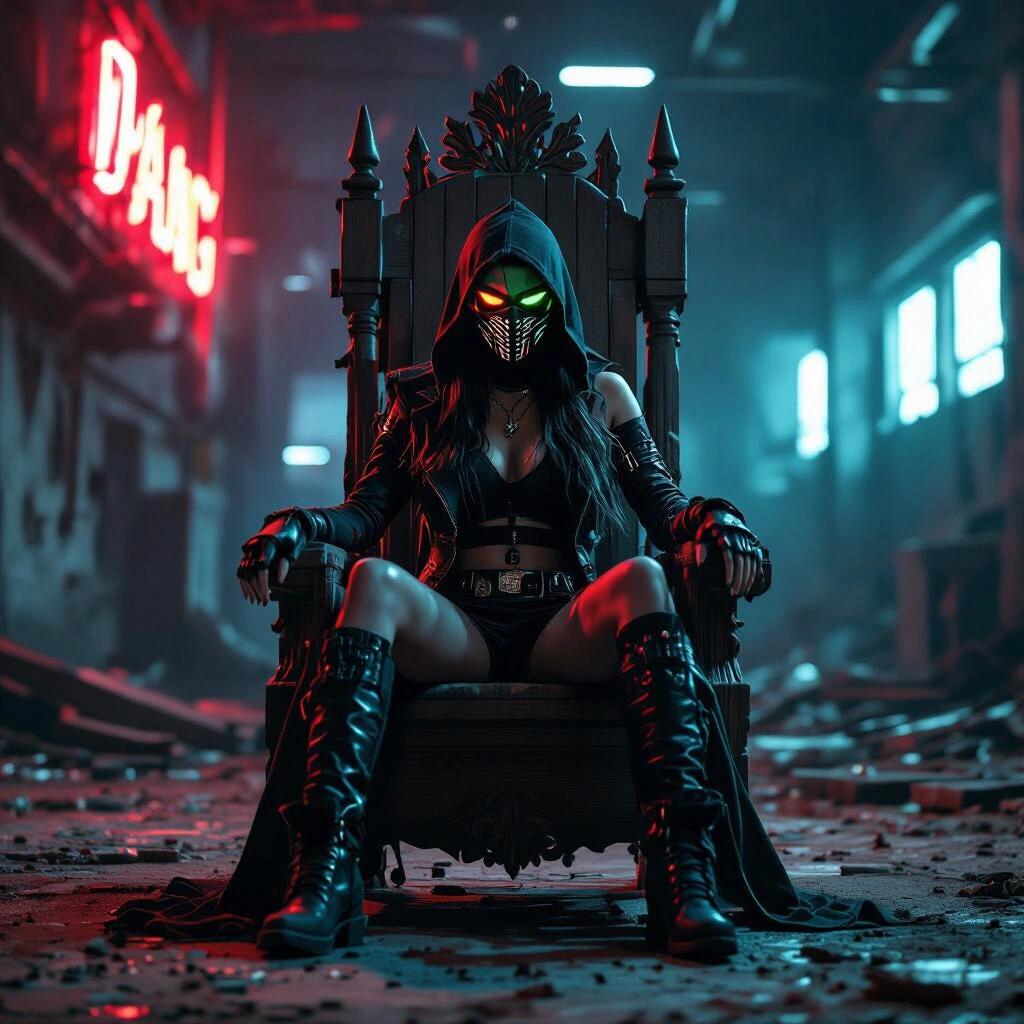 Ominous portrait in a dark neon crumbling tech warehouse featuring an impressive wooden throne. A high-tech masked figure sits confidently, creating a dark ambiance.