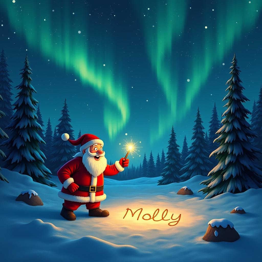 Santa Claus writes the name Molly with a glowing wand in a snowy forest at night. The scene features the Northern lights above and a starry sky. Pine trees surround Santa, enhancing the magical atmosphere.