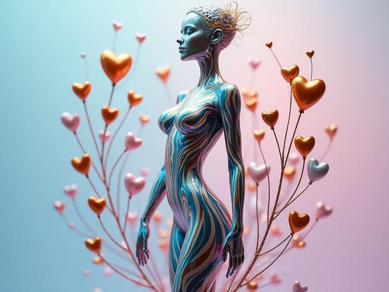 A slender female figure with body painted in blue white orange gold and silver tones. Surrounding hearts in various sizes and orientations made of silver orange pink and gold. Background features soft pastel colors like pale blue soft pink and delicate lilac. Evokes themes of love and joy with intricate metalwork.