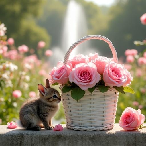 White basket filled with pink roses. Kitten beside it in a sunny flower garden. White fountain in background.