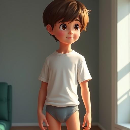 A young boy stands in a room looking cheerful. He has brown hair and a joyful expression. Wearing a simple t-shirt and grey briefs, he looks innocent and playful.