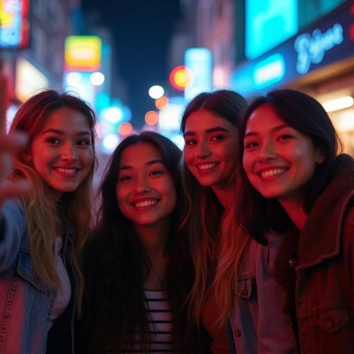 Group of teenagers taking selfie at night under neon lights. Colorful city lights in background create lively atmosphere. Image features lens flare and slight motion blur.
