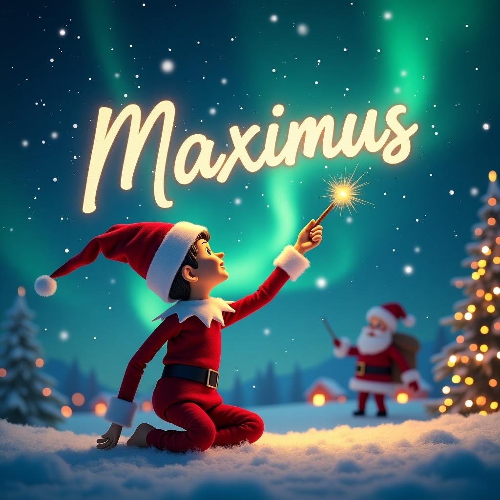 A festive Christmas scene featuring an elf on the shelf using a magic wand to write the name 'Maximus' in the sky. The background is filled with beautiful northern lights, creating a magical atmosphere. In the distance, Santa Claus is also seen using his wand to write 'Nevaeh2019' in the air. Snow blankets the ground, adding to the winter wonderland feel. The elf is dressed in traditional festive wear, embodying the spirit of Christmas joy.