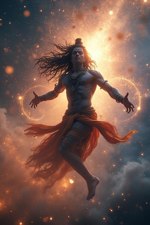 Detailed 3D cinematic render of a divine being performing a cosmic dance in deep space with a glowing third eye and flying dreadlocks surrounded by swirling galaxies and stars. Features dramatic lighting and a divine aura with slow-motion particles in a high clarity scene and 9:16 aspect ratio.