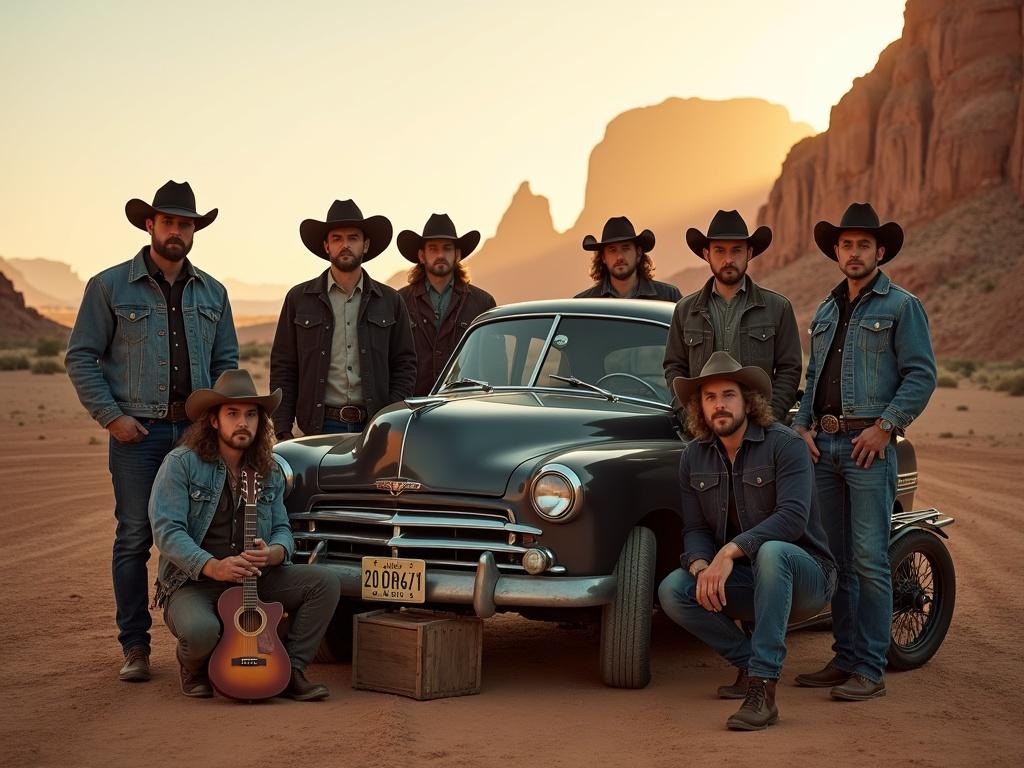 The image features a group of seven individuals, predominantly male, dressed in western attire, such as denim jackets and cowboy hats. They are posed around a classic car and a motorcycle in a desert landscape, with dramatic cliffs in the background. The lighting is warm and golden, suggesting a sunset, creating a nostalgic and adventurous atmosphere. A guitar and a wooden crate are placed in the foreground, adding to the rustic vibe. The overall composition conveys a sense of camaraderie and ruggedness.