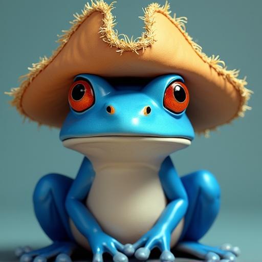 Cartoon-style blue frog wears straw pirate hat. The frog sits with legs crossed and has large, expressive eyes. The background is simple and colorful, adding to the playful nature of the character.