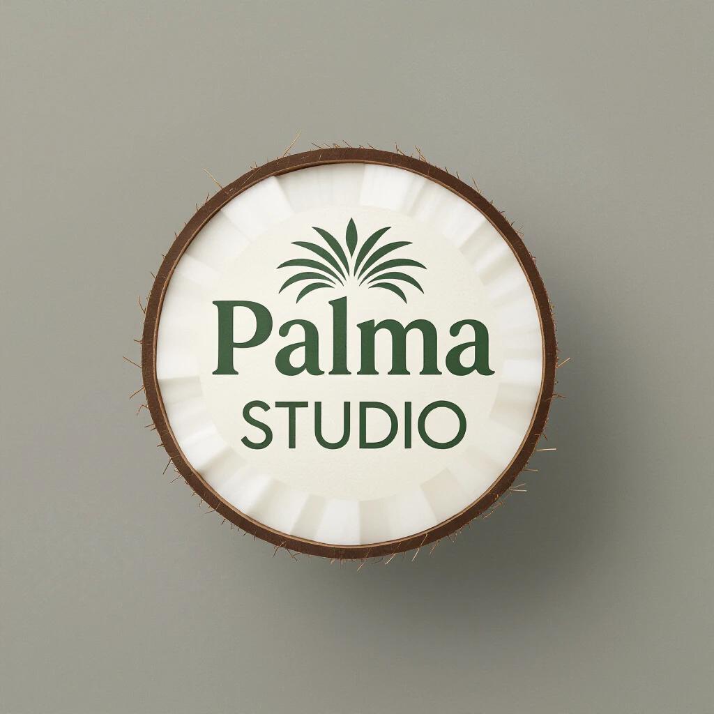 Logo designed for a coconut brand. Theme reflects summer and beach vibes. Clean structure with outlined letters. Minimalist 3D design inspired by Iranian architecture. Palm leaf shapes integrated into the design. Color palette includes graphite gray ivory white emerald green beige. Focus on simplicity and elegance. Text 'Palma Studio' integrated modernly.