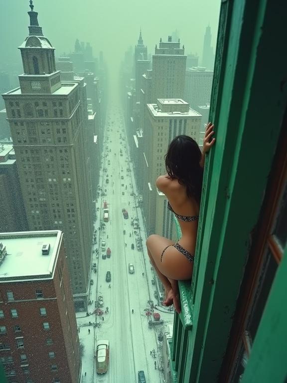 Dramatic scene with a woman in lingerie sitting outside a high-rise window during snowfall. The building is green. A city backdrop is visible with snow-covered streets, cars, and pedestrians. High-rise buildings create height stress. Snow intensifies coldness. Art style inspired by pulp magazine covers. Camera angle captures danger.