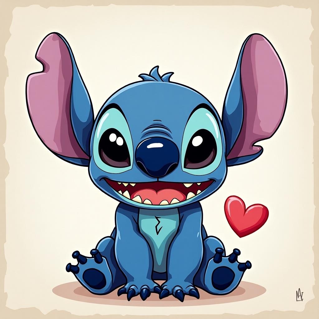 Cute blue alien character named Stitch with big ears and a joyful expression. Stitch is sitting down with a wide smile, showing his teeth. A heart is drawn nearby showing affection.