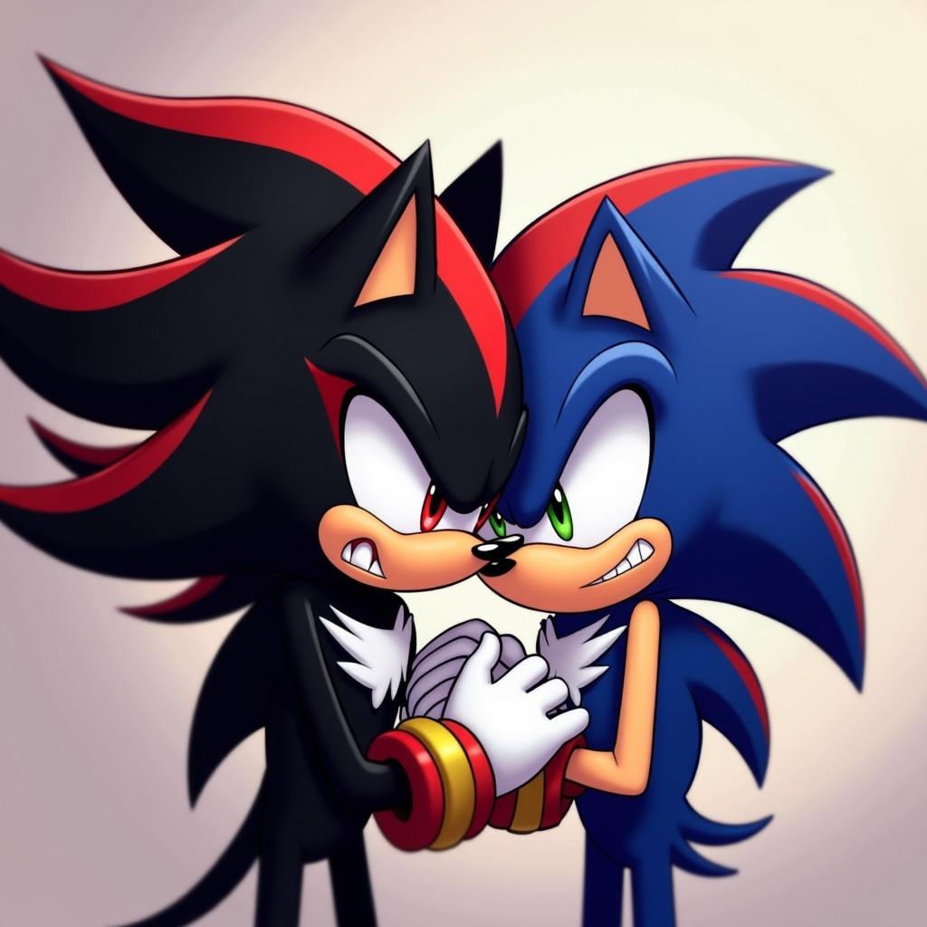 Two Sonic characters, Shadow the black and red hedgehog and Sonic the blue hedgehog, depicted as brothers. Sonic's face rests on Shadow's chest, conveying emotion. Sonic is crying while Shadow shows a solemn expression. They hold an object together, emphasizing their bond.