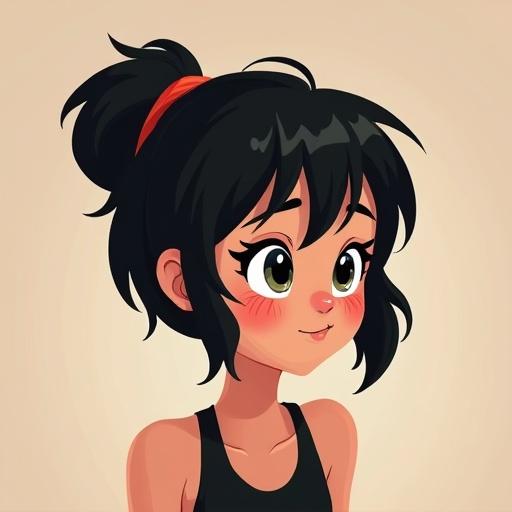 An animated character with pixie black hair. She has large expressive eyes and a slim thick appearance. The character looks charming and youthful with a soft expression.