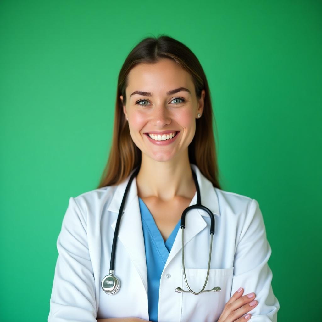 Portrait of a female dental doctor in a white coat with a stethoscope on a green background.