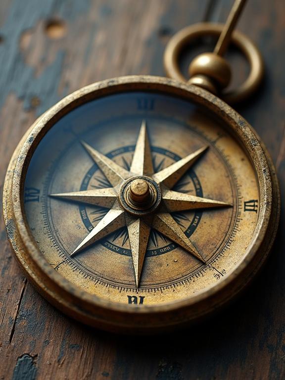 A close-up of an antique compass on a rustic wooden surface. The compass has a classic design with a prominent star symbolizing direction and integrity. The aged materials show wear and history, representing life’s journey.