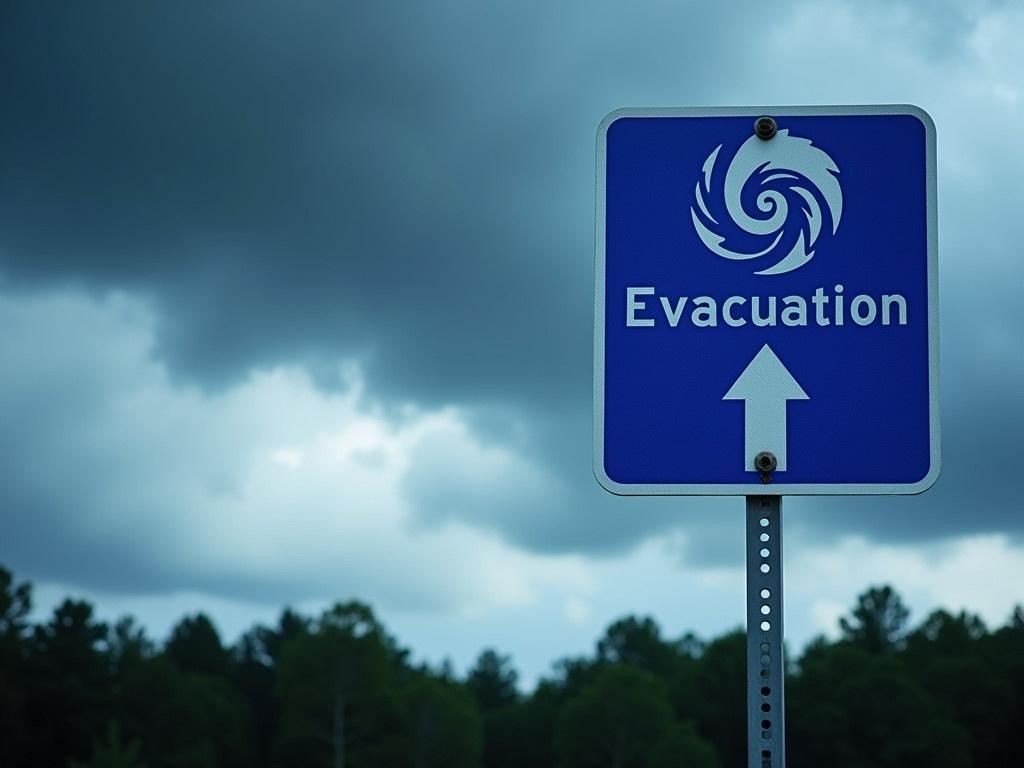 The image shows a blue evacuation route sign prominently displayed against a dramatic, cloudy sky. The sign indicates that it is an evacuation route and has a hurricane symbol at the top. An arrow pointing upwards below the main sign directs people towards the safe path to follow. The background features dark clouds, suggesting an impending storm or severe weather conditions. The forest silhouette at the bottom of the image adds to the sense of urgency and seriousness of the situation. Overall, the image communicates the importance of being prepared for emergencies.