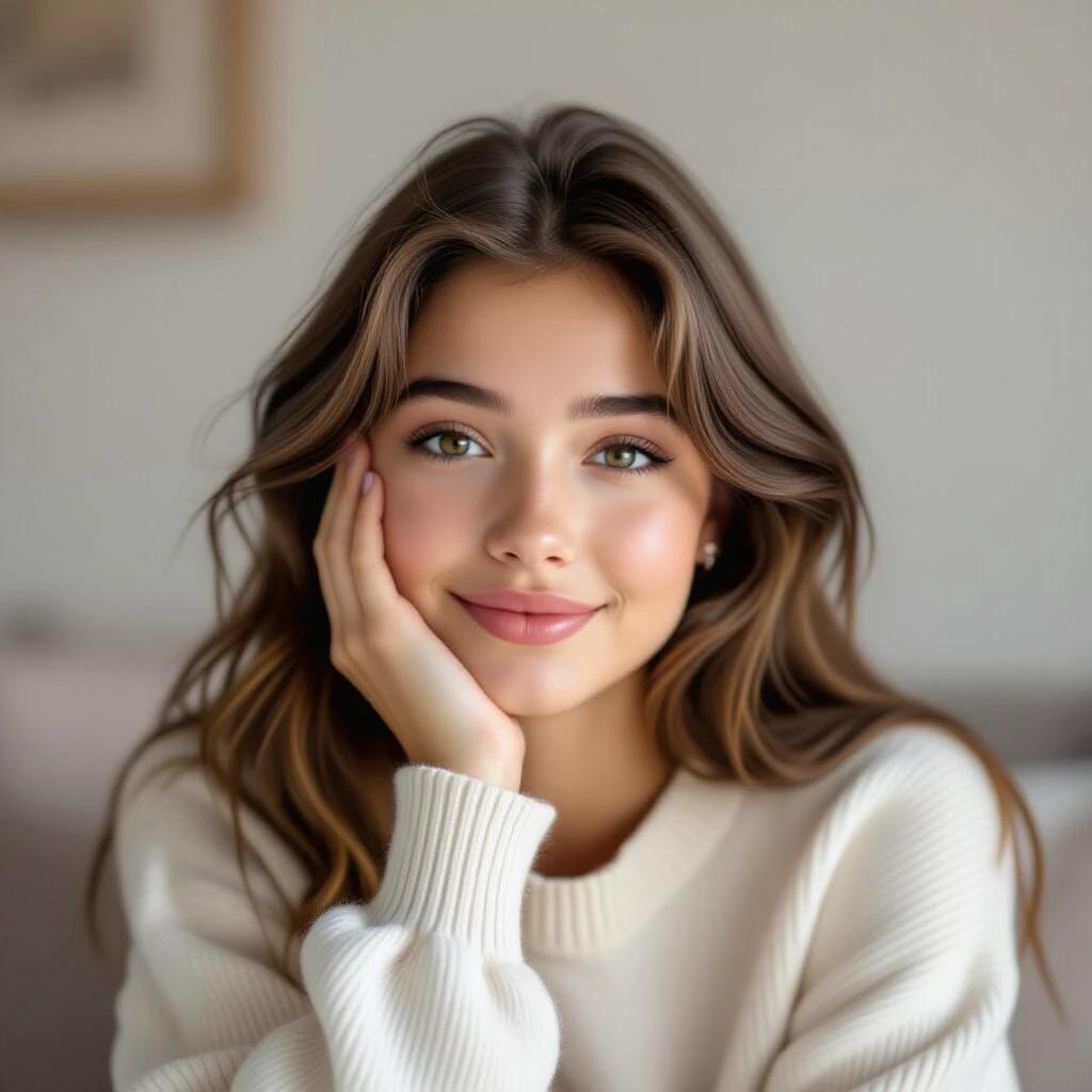 Portrait of a teen girl with long hair wearing a light sweater. She smiles gently and looks directly into the camera. Background is blurred and soft.