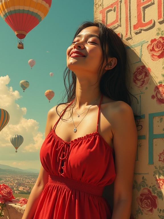 A young woman wears a red dress with a halterneck and lace-up front. She leans against a wall and looks upwards with closed eyes and a slight smile. Sunlight hits her face and body. The background features hot air balloons, floral elements, and stylized text.