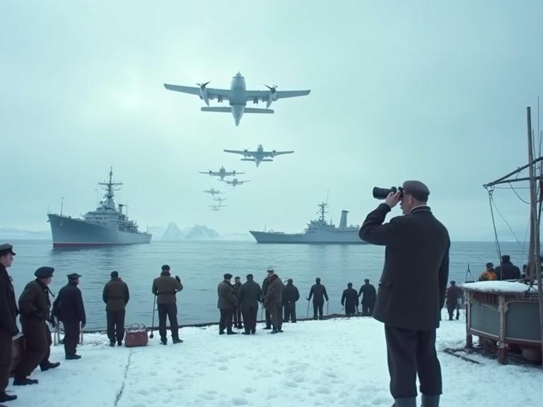 A cinematic historical scene depicting Operation Highjump from 1946 in Antarctica. A vast fleet of US Navy ships navigates icy waters. Military aircraft fly in formation above. Soldiers prepare scientific equipment on deck while Admiral Byrd views the scene through binoculars on a snow-covered surface. The atmosphere reflects both the beauty of polar landscapes and the scale of a military operation. Cold, dramatic lighting and documentary style with a 16:9 aspect ratio.