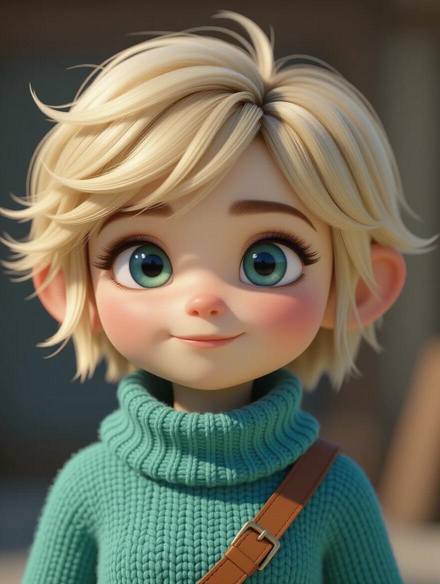 Short blonde fluffy hair with silky texture. Round face with a slightly meaner expression. Big anime eyes with blue-green gradient. Small delicate nose. Realistic skin texture. High resolution rendering with favorable lighting. Pixar-style character design.