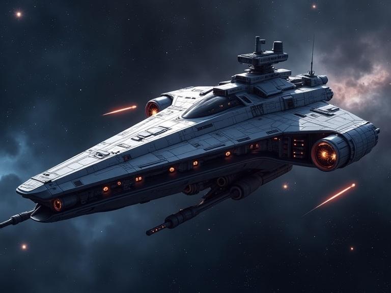A spaceship sailing through the galaxy. The design is futuristic with bright lights. The environment is cosmic with stars and nebulae.