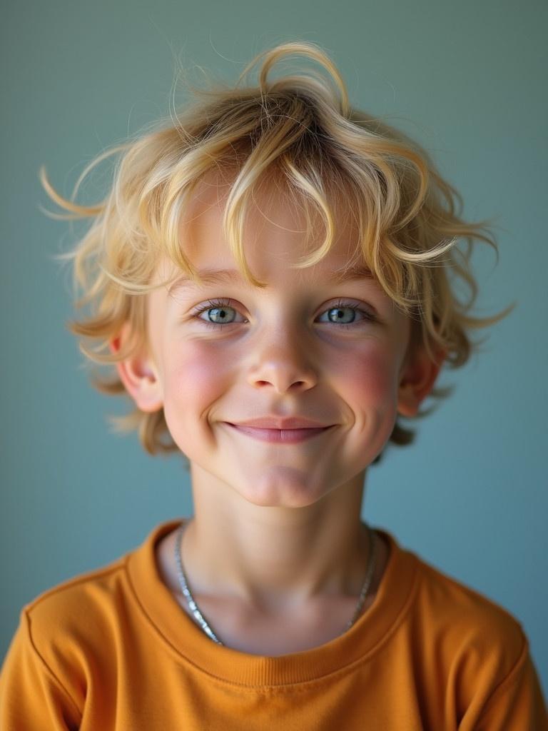 Front view of a blonde boy with messy hair. He wears a light orange shirt. The background is soft blue. The boy has a relaxed expression. The photo uses natural lighting.