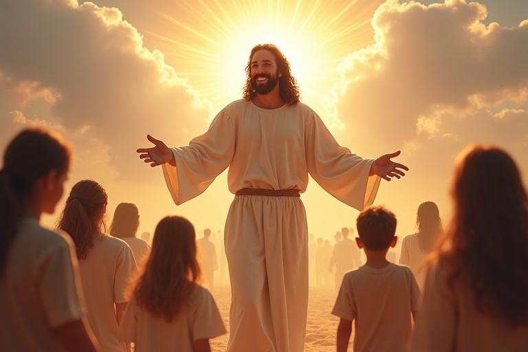 Depiction of Jesus smiling with arms open welcoming a group of children. Bright heavenly light surrounding them. Soft sand and clouds in the background.