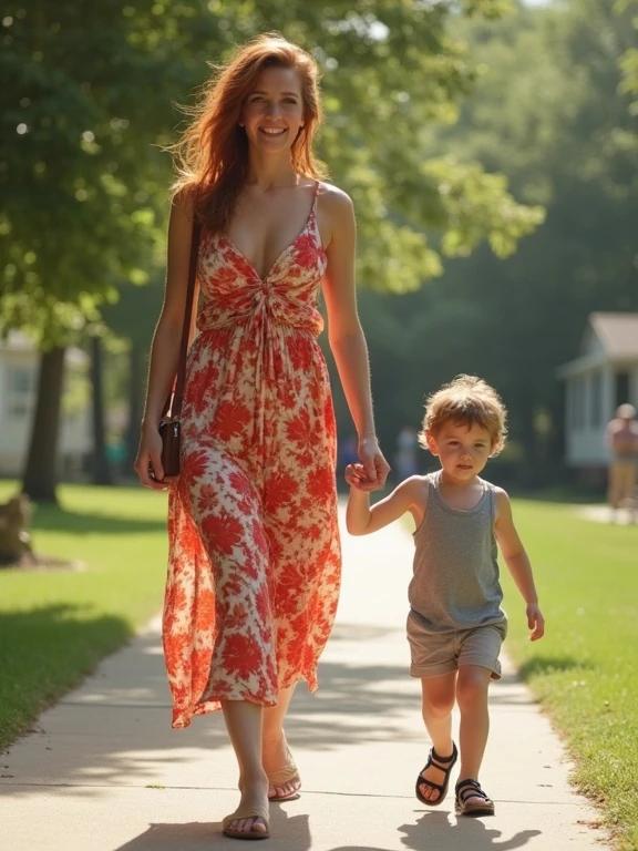 Mom walks home with son. Mom wears a sundress. Son holds mom's hand. They walk through a sunny park. Soft focus and bright colors enhance aesthetics.