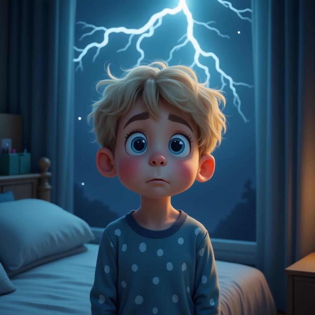 A cute boy with blue eyes and light-colored hair is depicted in a dimly lit bedroom, showing a mixture of fear and innocence. He appears to be around 8-10 years old, wearing blue polka dot pajamas. At that moment, a bright flash of lightning illuminates the room through the window, highlighting his facial features. His round face is slightly blushing, with a cute nose and full lips. This scene captures a universal childhood fear of storms during the night, making the viewer empathize with the boy's emotions. The atmosphere of the room conveys a sense of safety and love, despite the external storm.