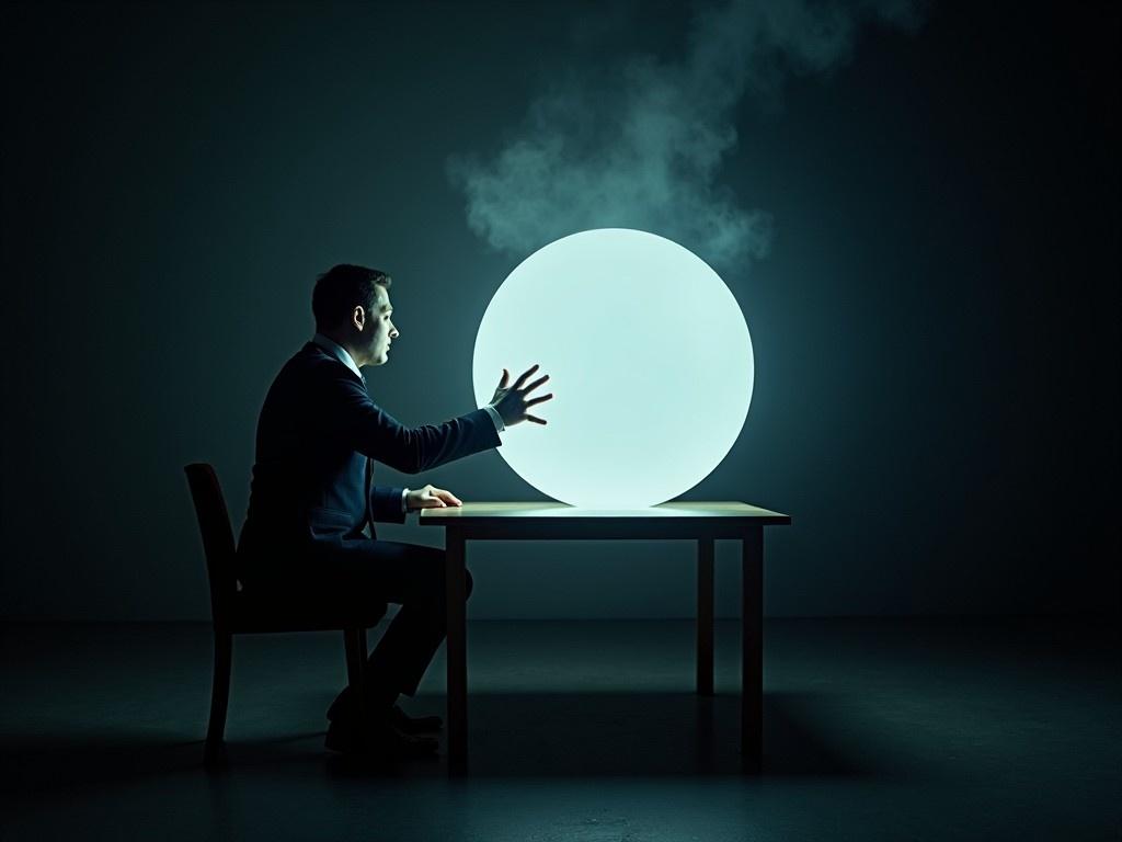 A businessman sits at a table in darkness, staring intently at a large glowing crystal ball. His hand is outstretched towards the orb, suggesting an attempt to connect with the future. The surrounding space is dim, enhancing the luminescent quality of the ball. Smoke swirls subtly around the orb, adding to the mystique of the scene. The image conveys a sense of anticipation and intrigue about what is to come in his business endeavors.