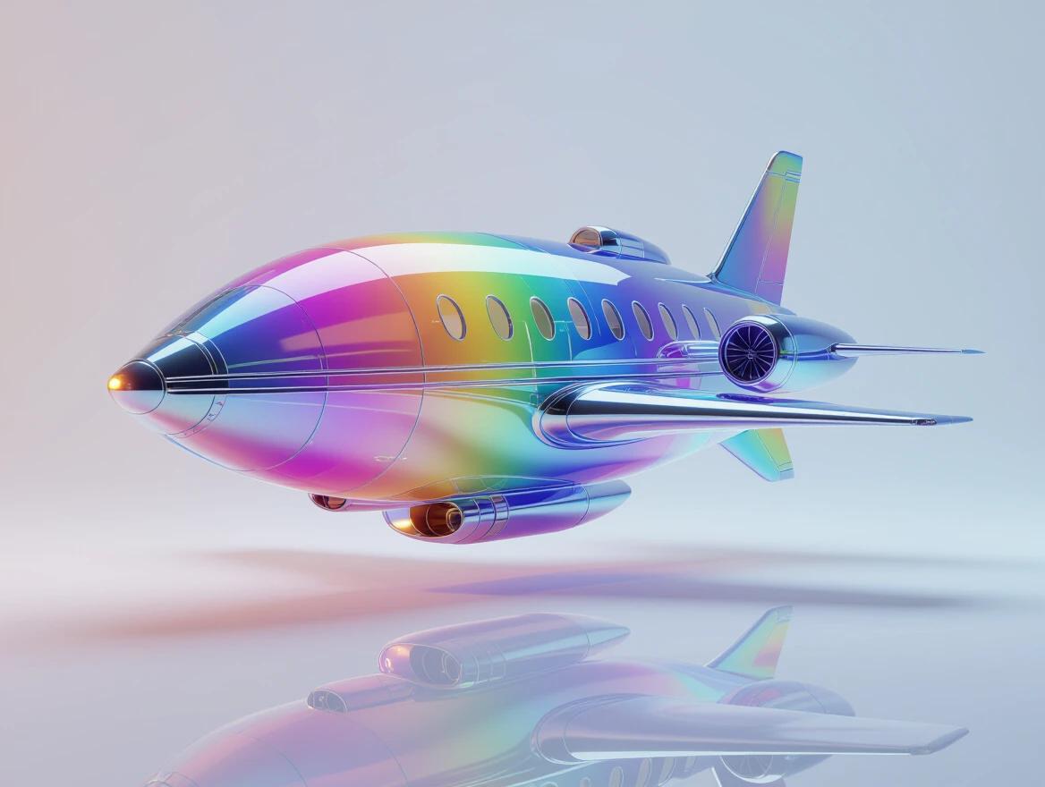 Hyper-realistic rendering of a spaceship made of rainbow tie dye transparent glass. Spaceship features an elegant, art-deco design. It floats in a studio with studio lighting. Reflective surfaces are accentuated. The aesthetic is soft, minimal, and dreamy. Image showcases ultra-detailed glass rendering and iridescent sparkles. The resolution is 8k.