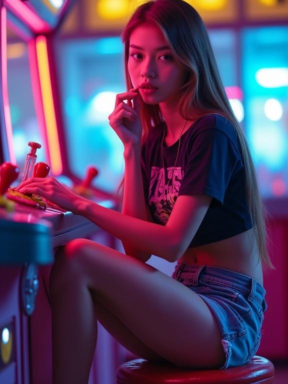 Inside a neon-lit arcade a teen girl sits on a stool. Her legs crossed in colorful booty shorts and a cropped graphic tee. She holds a game joystick biting her lip in concentration. Colorful lights reflect off her skin giving the scene electric energy.