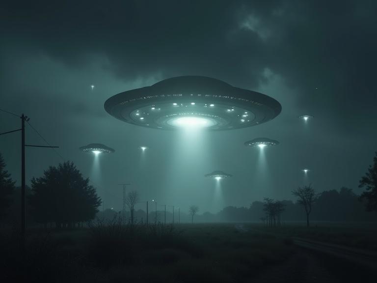 Various UFOs are above the skies of Ochate Spain. The night sky is grey and cloudy. An eerie silence surrounds the scene. The style blends realism with sci-fi and paranormal.