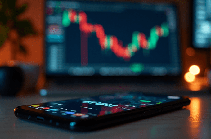 A smartphone on a table reflects blurred stock market charts displayed on a computer screen in the background.