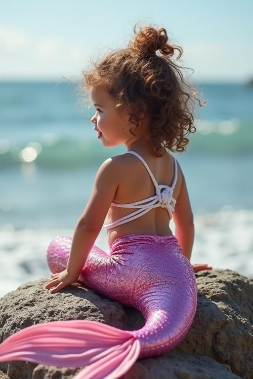 3 year old toddler mermaid with curly light brown hair wearing a pink tail and white top sits on a rock by the shore looking at the ocean.