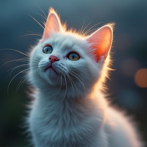 A white cat illuminated by moonlight with reflections from a river.