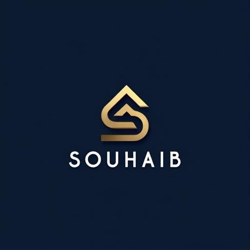 Minimalist logo design featuring an abstract symbol representing Souhaib. Focus on geometric forms and clean lines. Symbol is a stylized fusion of letters S and U, resembling a rising peak. Icon rendered in gold gradient against deep navy blue background. Brand name 'Souhaib' in modern sans-serif font in white.