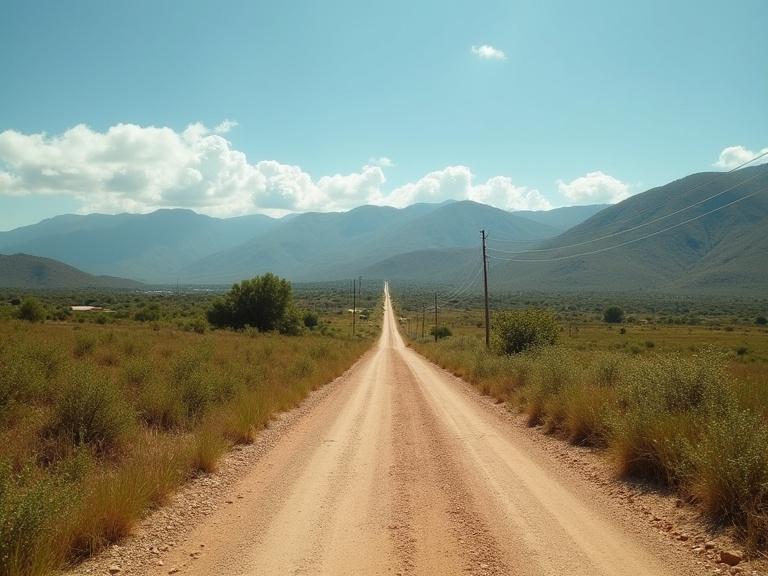 Dirt road in a rural area of Mexico from the 1960s. Bright blue sky with clouds. Mountains are visible in the background. Vegetation along the road.