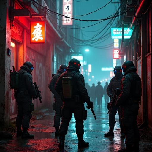 Cinematic cyberpunk night scene in rainy dystopian city with neon lights reflecting on wet asphalt. Armed mercenaries gather in dark alley. Some wear cybernetic masks and glowing visors. Tension in the air. Neon signs in kanji. Rusted metal structures and wires. Holograms flickering in background. Sparks from barrel fire lighting their faces. Graffiti on walls. Vivid lighting contrast and fog. Concept art style and ultra wide angle shot.