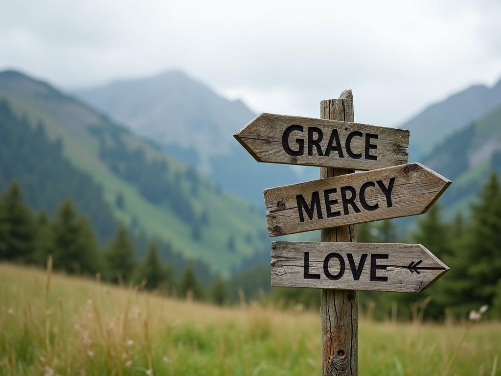 A wooden directional signpost sits in a serene landscape, with a gentle breeze and overcast sky. The sign displays three arrows pointing to different words: "Grace," "Mercy," and "Love." Each word is carefully carved into the weathered wood, inviting contemplation. A faint arrow indicating "Confidence" is subtly incorporated into the design, blending harmoniously with the existing text. The surroundings are lush and green, hinting at a peaceful environment. In the background, soft mountains rise under the cloudy sky, enhancing the tranquil atmosphere. This scene encourages reflection on the values represented by each word.