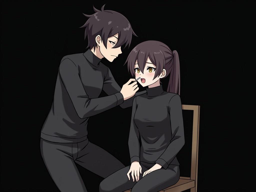 The scene features two stylized characters against a dark background. One character is seated with their hands tied behind a chair, showcasing a confident expression. The other character leans close, holding a slender object near the seated person’s face. Both characters are dressed in matching all-black outfits, highlighting their defined features. The interaction seems intense, suggesting a moment filled with tension or drama.