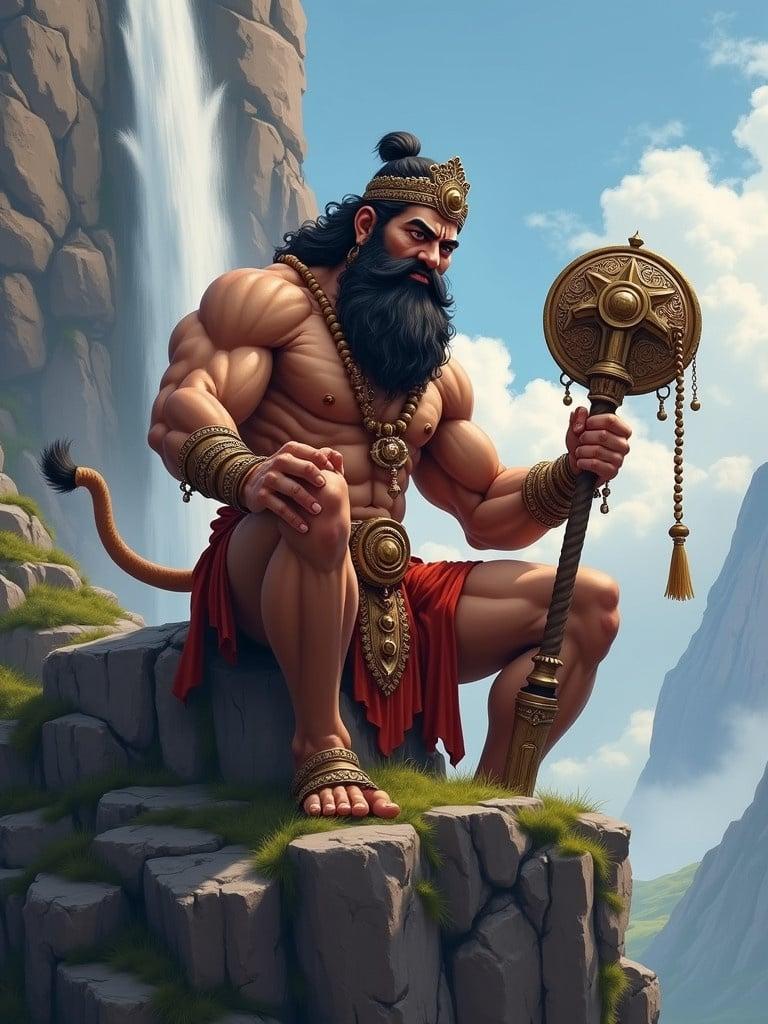 Digital illustration of Lord Hanuman. Hanuman has a muscular build. He wears ornate jewelry. Hanuman holds a large mace in his right hand. Hanuman has a long tail. Background shows a mountainous landscape. Waterfall cascades down the cliff. The mood is powerful and majestic.