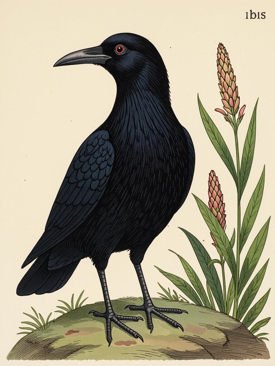 Illustration of an ibis in side profile. The bird is solid black with a sharp beak. It stands on a rock. Green plants with red flowers are in the background.